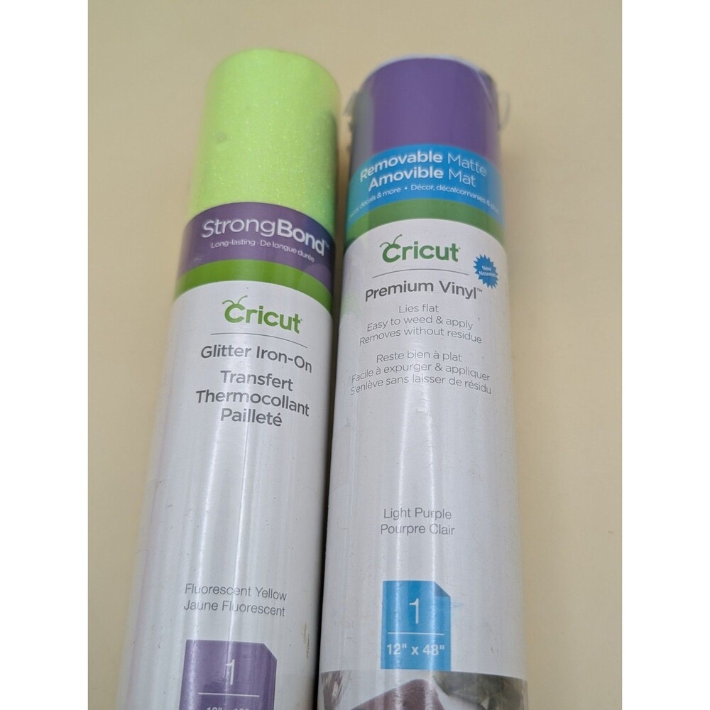 Cricut Vinyl Roll Lot: Fluorescent Yellow Glitter Iron-On & Light Purple Matte